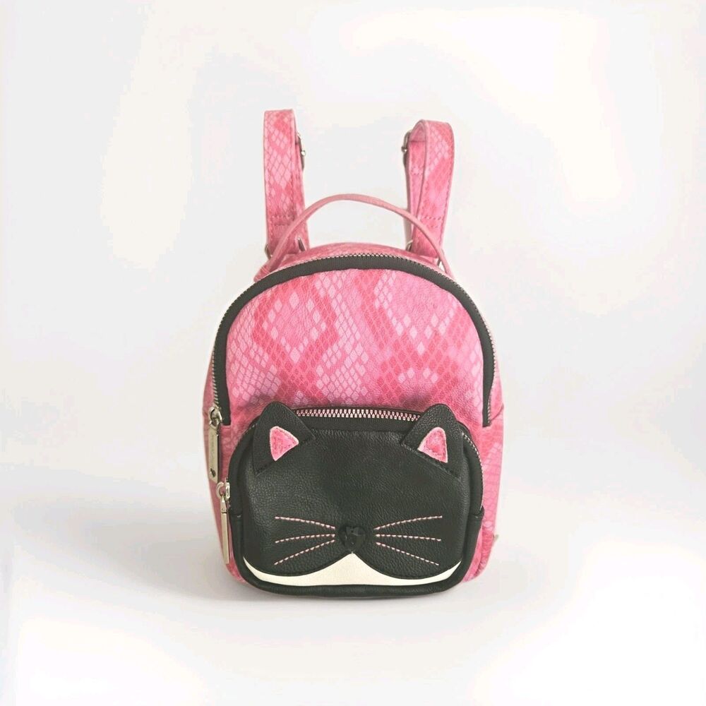 Betsy Johnson Backpack Handbag Cat Face Pink Snakeskin Pattern Fuchsia